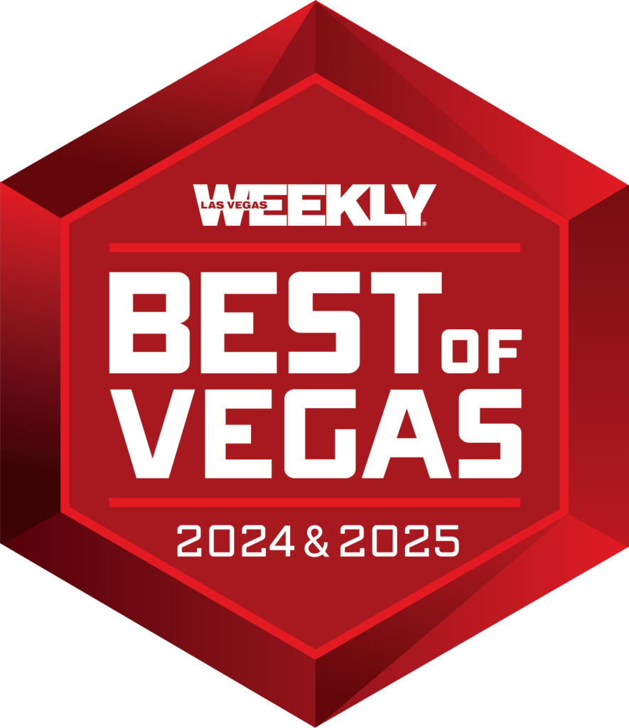 Red hexagonal badge logo for Las Vegas Weekly’s “Best of Vegas 2024 & 2025” award.
