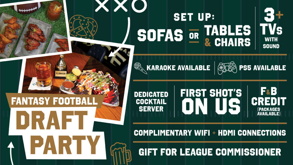 Promotional graphic for a fantasy football draft party featuring food, drinks, sofas or table seating, multiple TVs, PS5, karaoke, cocktail service, and other amenities.