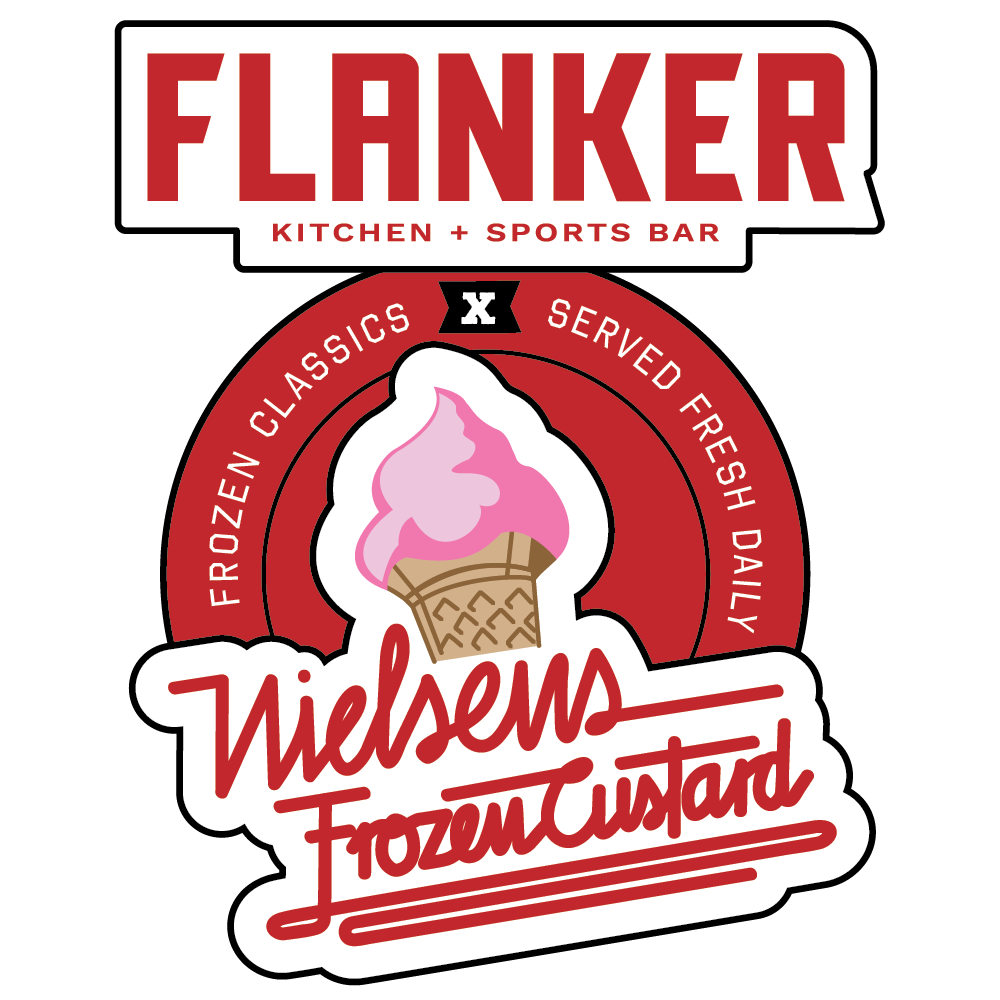 Flanker Kitchen + Sports Bar x Nielsen’s Frozen Custard logo with ice cream cone and circular badge.