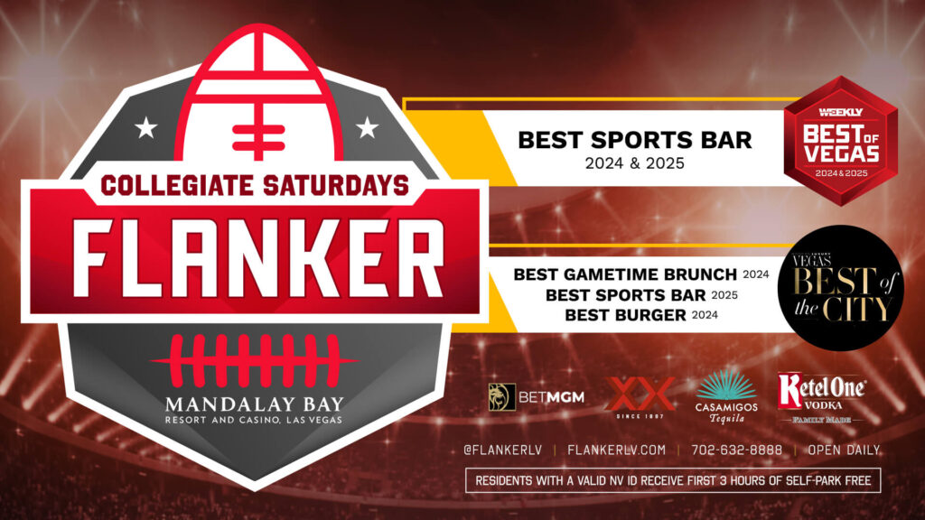 Collegiate Saturdays football-themed ad for Flanker at Mandalay Bay, listing best sports bar recognitions and sponsors.