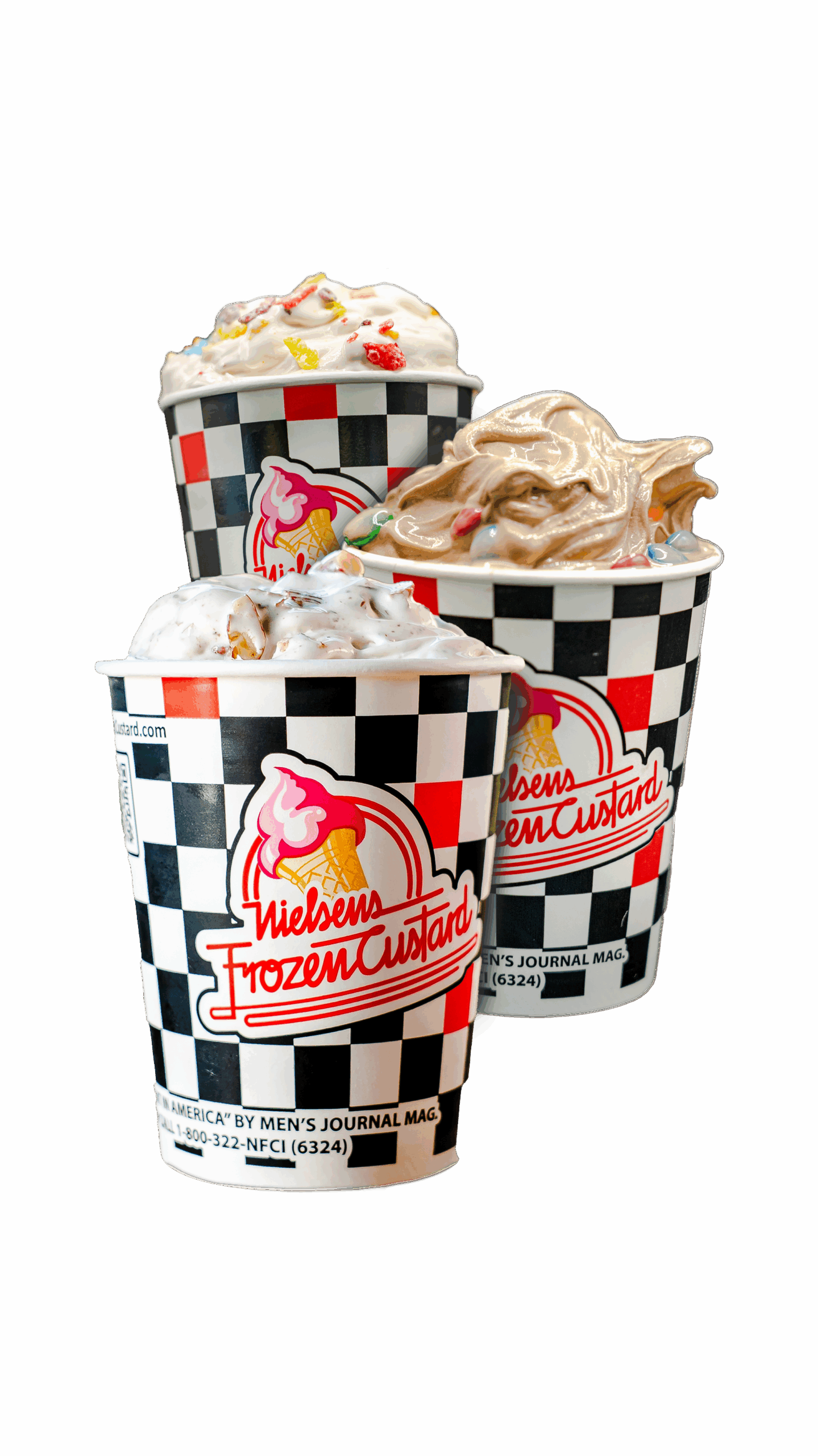 Trio of Nielsen’s Frozen Custard cups with Fruity Pebbles, M&M’s, and nut toppings.