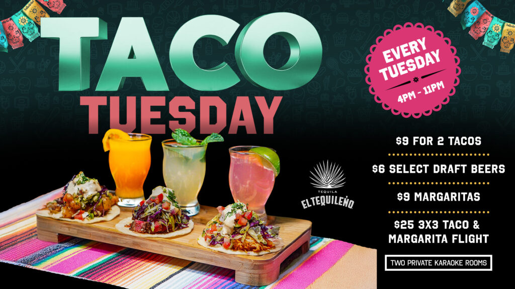 Taco Tuesday promotion showcasing a tray of four vibrant tacos and margaritas on a colorful tablecloth, with details of food and drink specials including $9 tacos and margaritas.