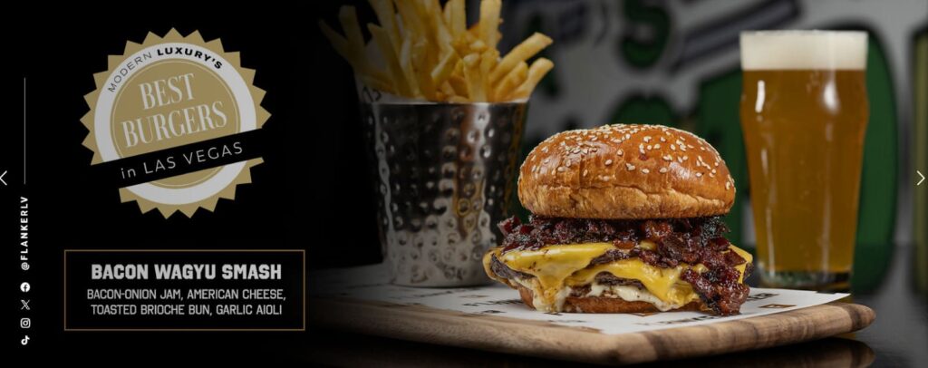 Bacon Wagyu Smash burger with bacon-onion jam and melted cheese on a toasted bun, served with fries and a beer, next to a "Best Burgers in Las Vegas" badge.