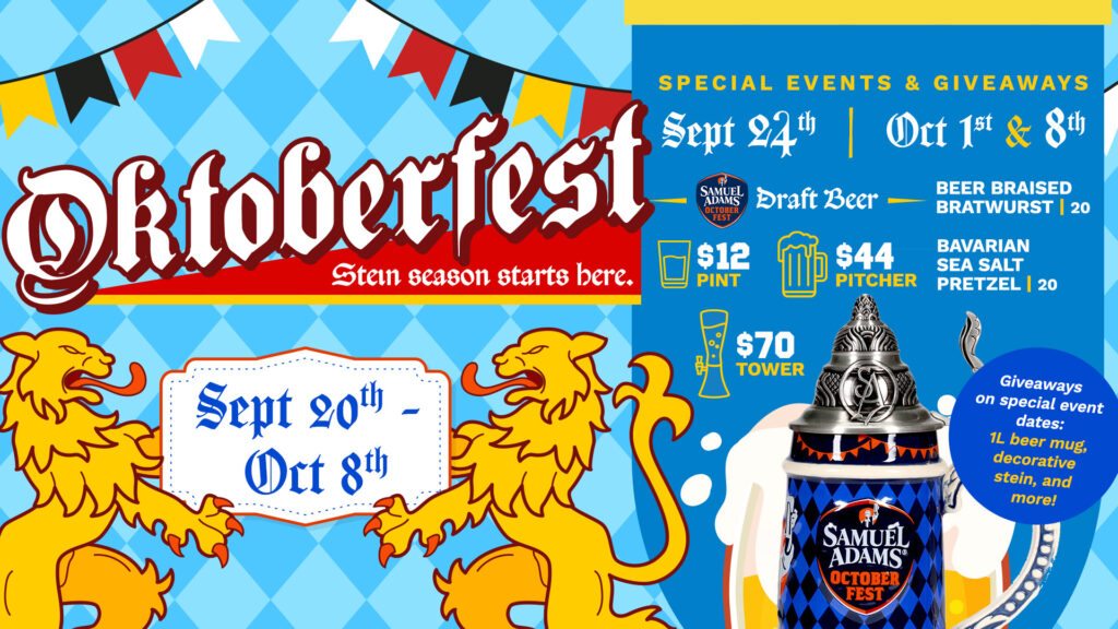 Promotional poster for Oktoberfest from September 20 to October 8 featuring Samuel Adams Octoberfest beer specials, event dates, food items like beer braised bratwurst and Bavarian sea salt pretzels, and giveaways including beer mugs and decorative steins.
