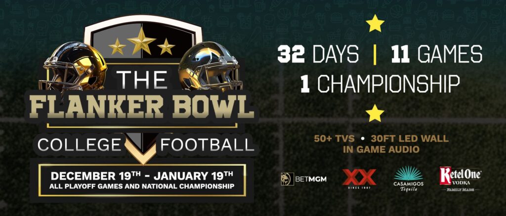 College football promotional banner for The Flanker Bowl, featuring two golden helmets, bold typography, and sponsor logos over a football field background.