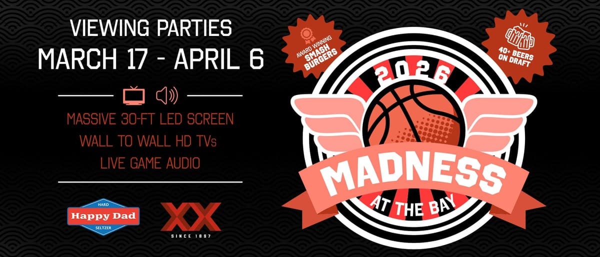 Promotional graphic for March Madness viewing parties featuring basketball imagery, dates March 17 to April 6, and large screen sports viewing