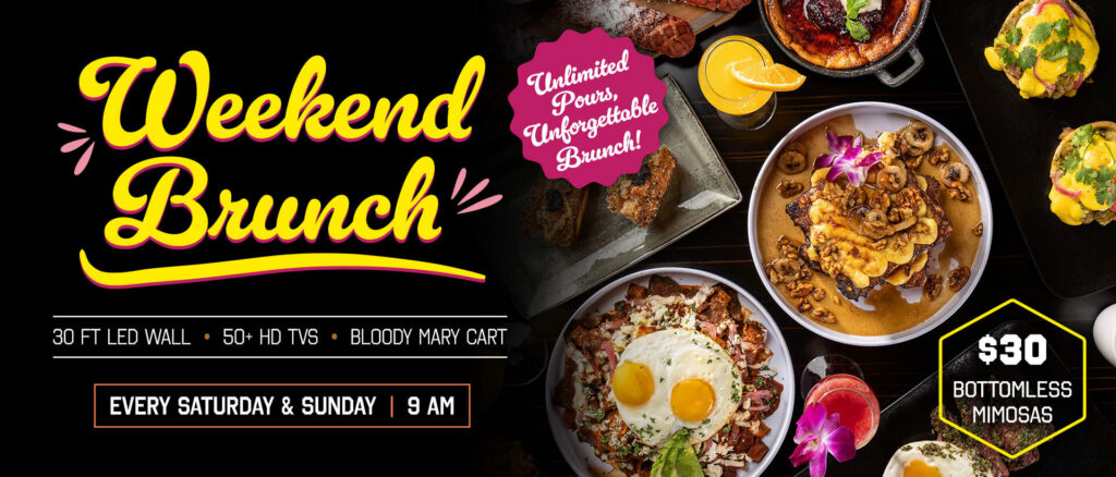 Weekend brunch promotion with plated dishes, bottomless mimosas, and dining details