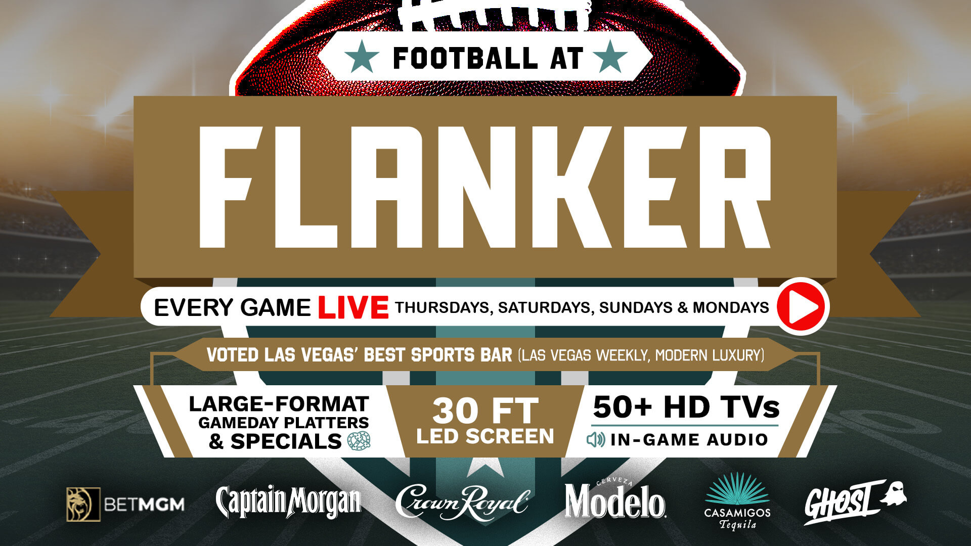 Promotional graphic for football game days at Flanker Sports Bar featuring live game viewing, a 30-foot LED screen, more than 50 HD TVs with in-game audio, and game day food specials.