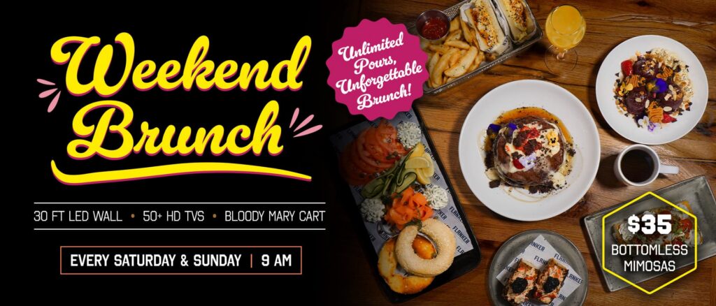 Weekend Brunch promotion featuring assorted brunch dishes, $35 bottomless mimosas, and service every Saturday and Sunday at 9 AM.